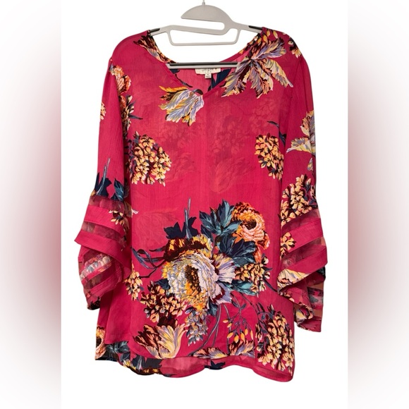 Umgee Tops - Umgee Hot Pink Floral Bell Sleeve Blouse XL